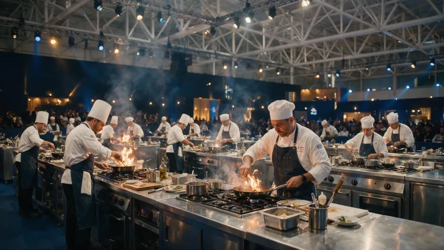 Chef cozinhando na estação da competição