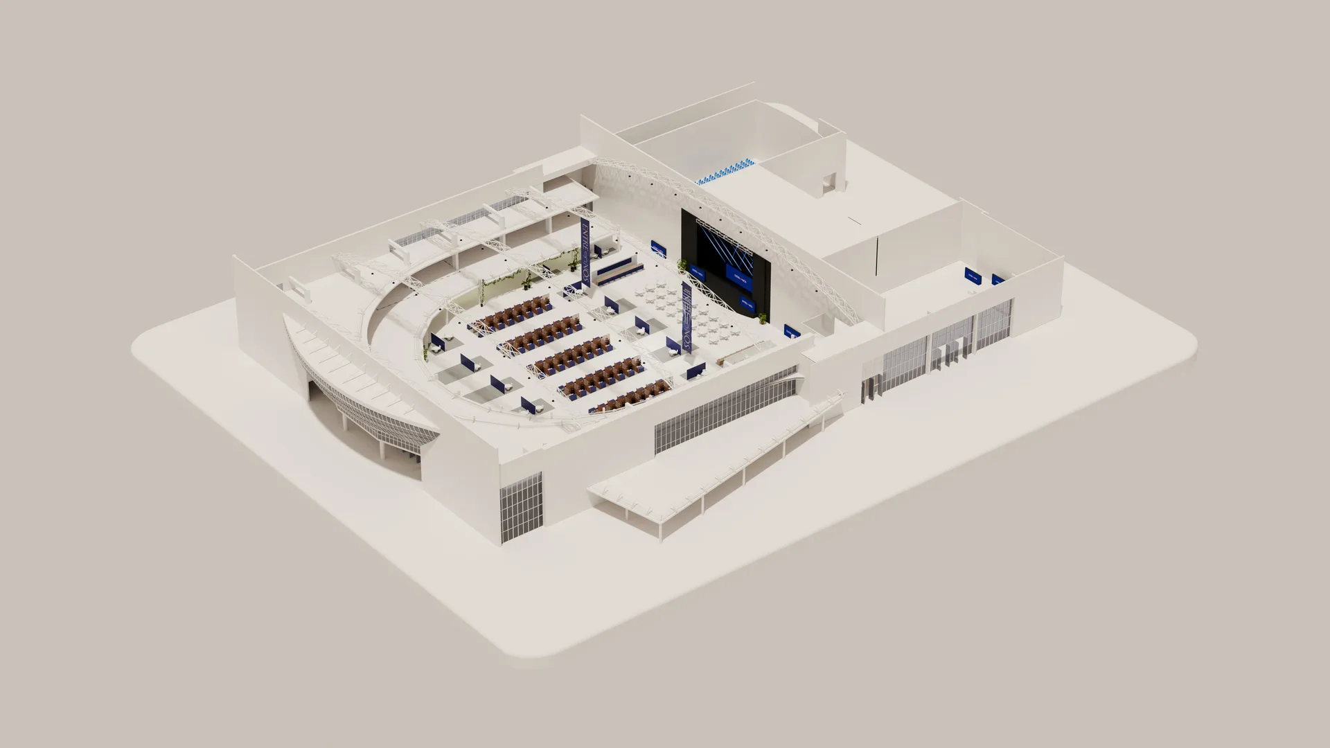 Vista lateral em perspectiva 3D do espaço do Congresso Entre Nós, mostrando os palcos, áreas de feira, cozinha e anfiteatro.